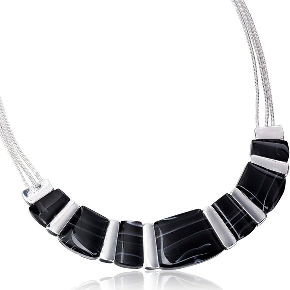 Silver-Tone and Black Agate 16" Frontal Necklace, 16" + 2" Extender - Picture 2 of 3